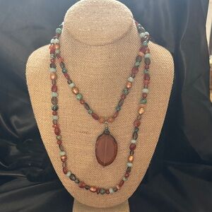 Boho Multicolor Beaded Pendant Necklace - Amber & Turquoise